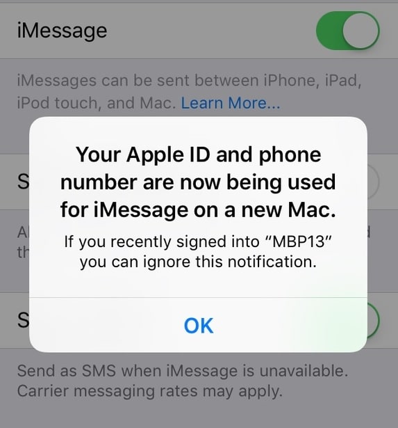 iCloud notification Apple ID and phone number used on new Mac